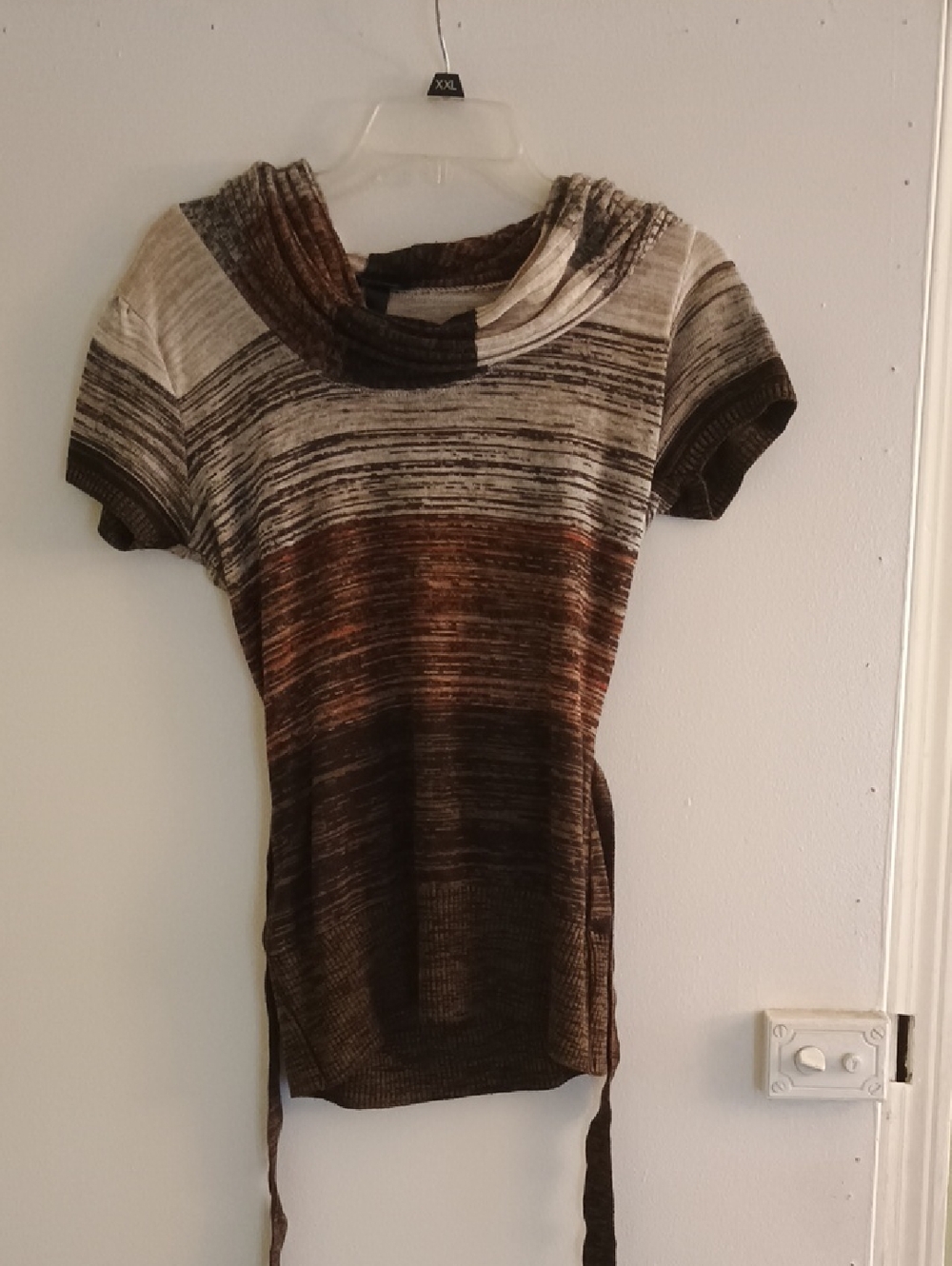 A. Byer Short-Sleeve Cowl Sweater in Brown and Cream